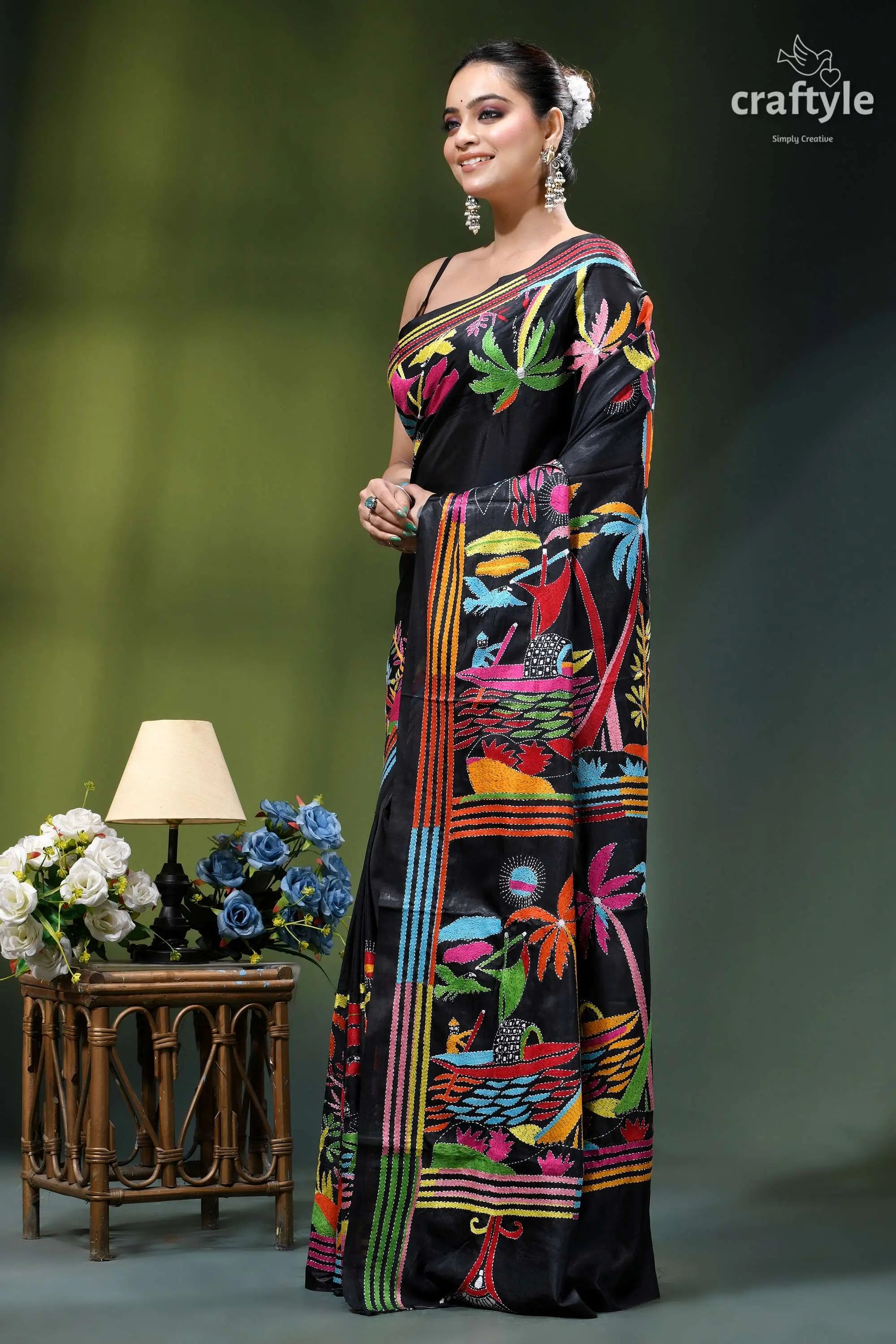 Ebony black hand embroidery kantha silk saree - nature theme black silk saree vibrant colorful 3
