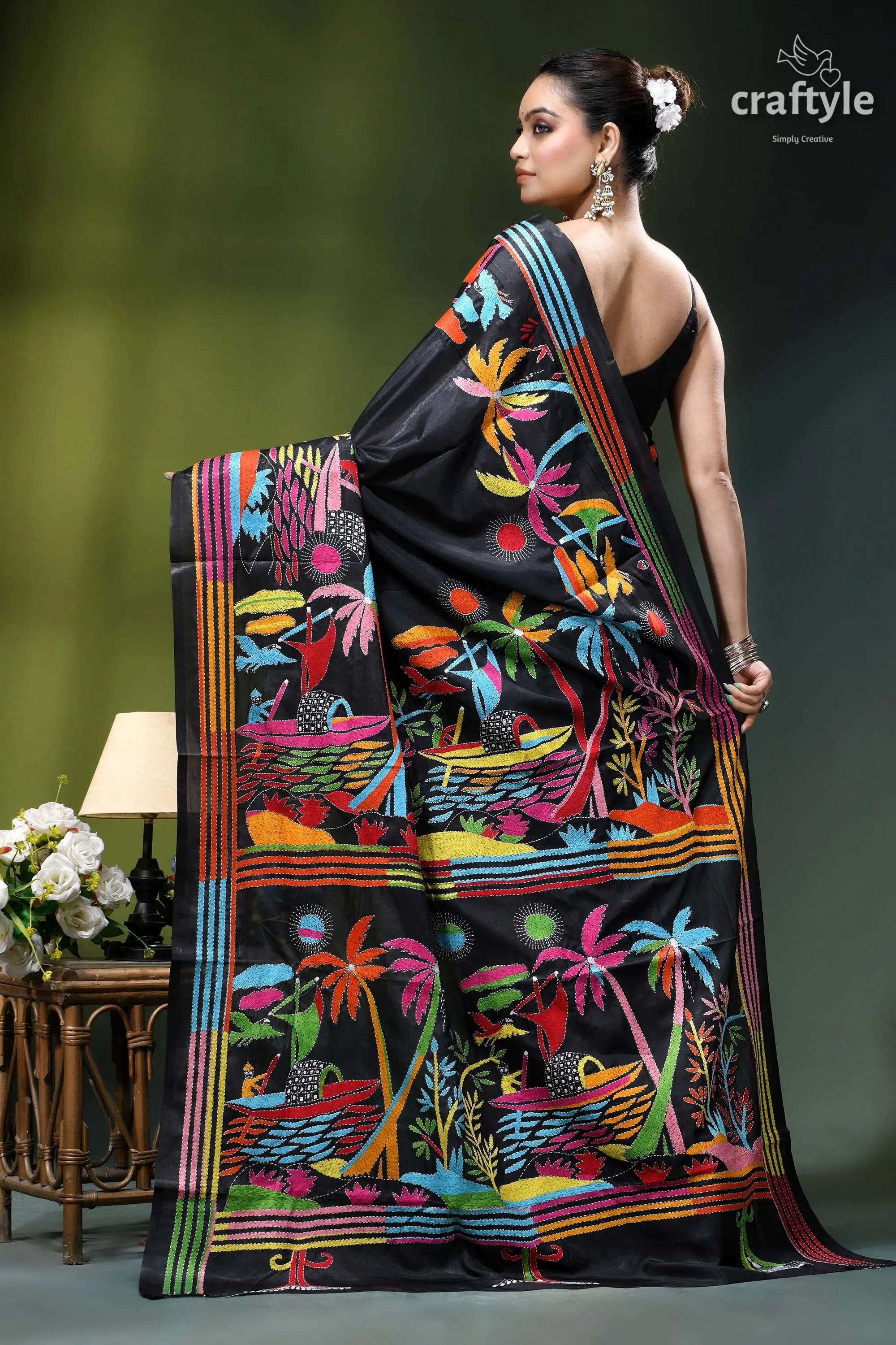 Ebony black hand embroidery kantha silk saree - nature theme black silk saree vibrant colorful 5