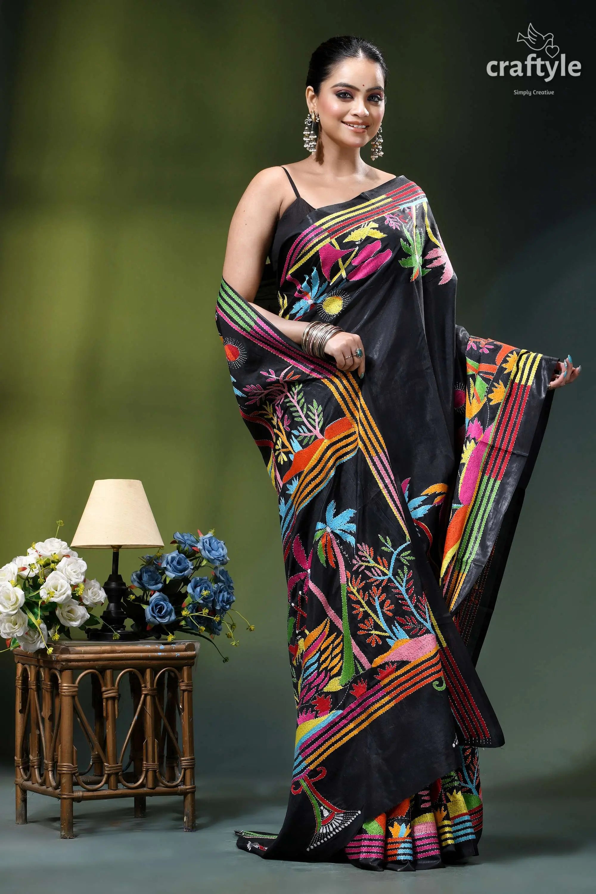 Ebony black hand embroidery kantha silk saree - nature theme black silk saree vibrant colorful 4