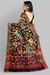 Ebony black hand-painted pure tussar kalamkari saree with zari border woman patterned saree 5