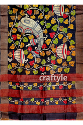 Ebony black hand-painted pure tussar kalamkari saree with zari border hand-painted black saree elephant drum 6