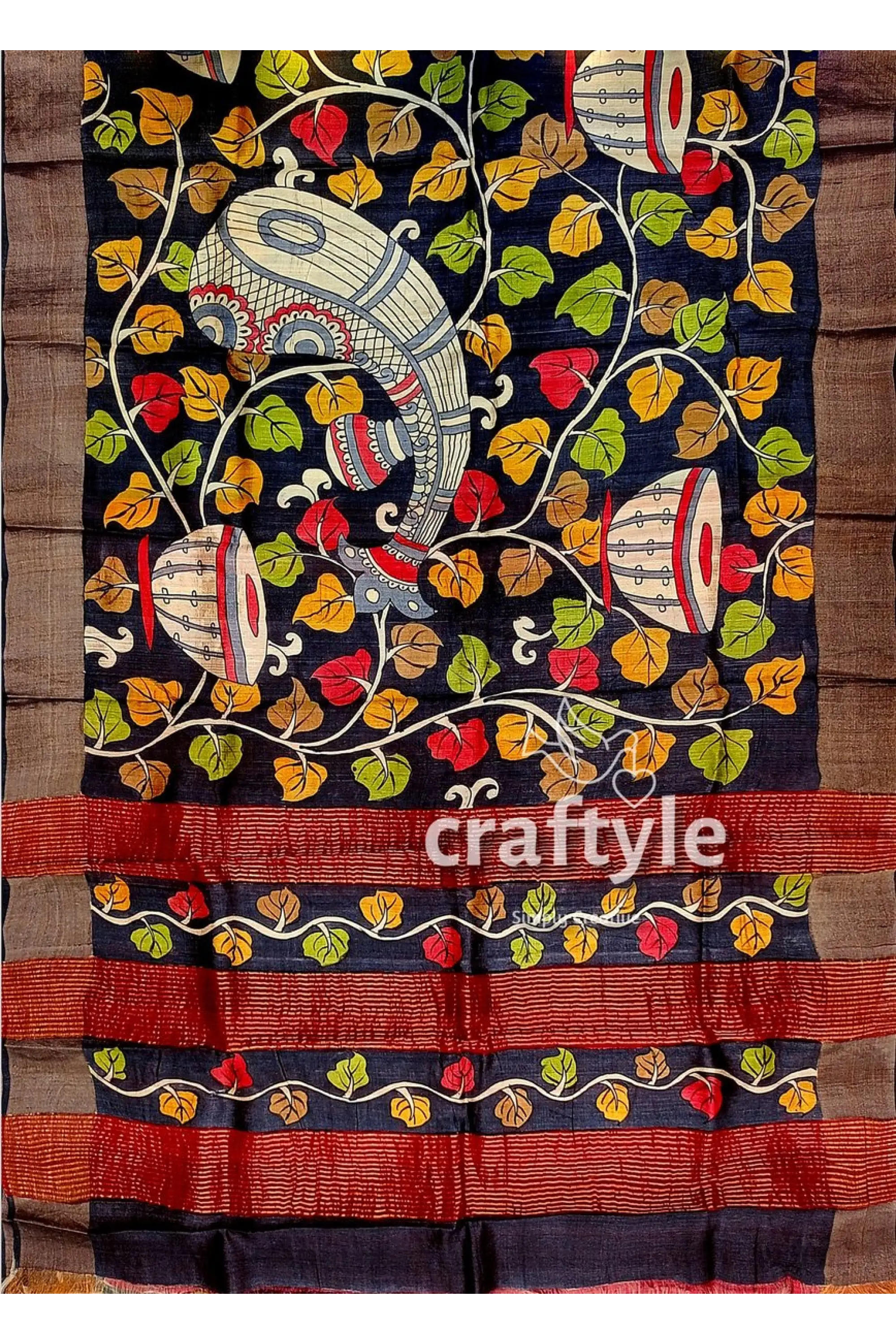 Ebony black hand-painted pure tussar kalamkari saree with zari border hand-painted black saree elephant drum 6