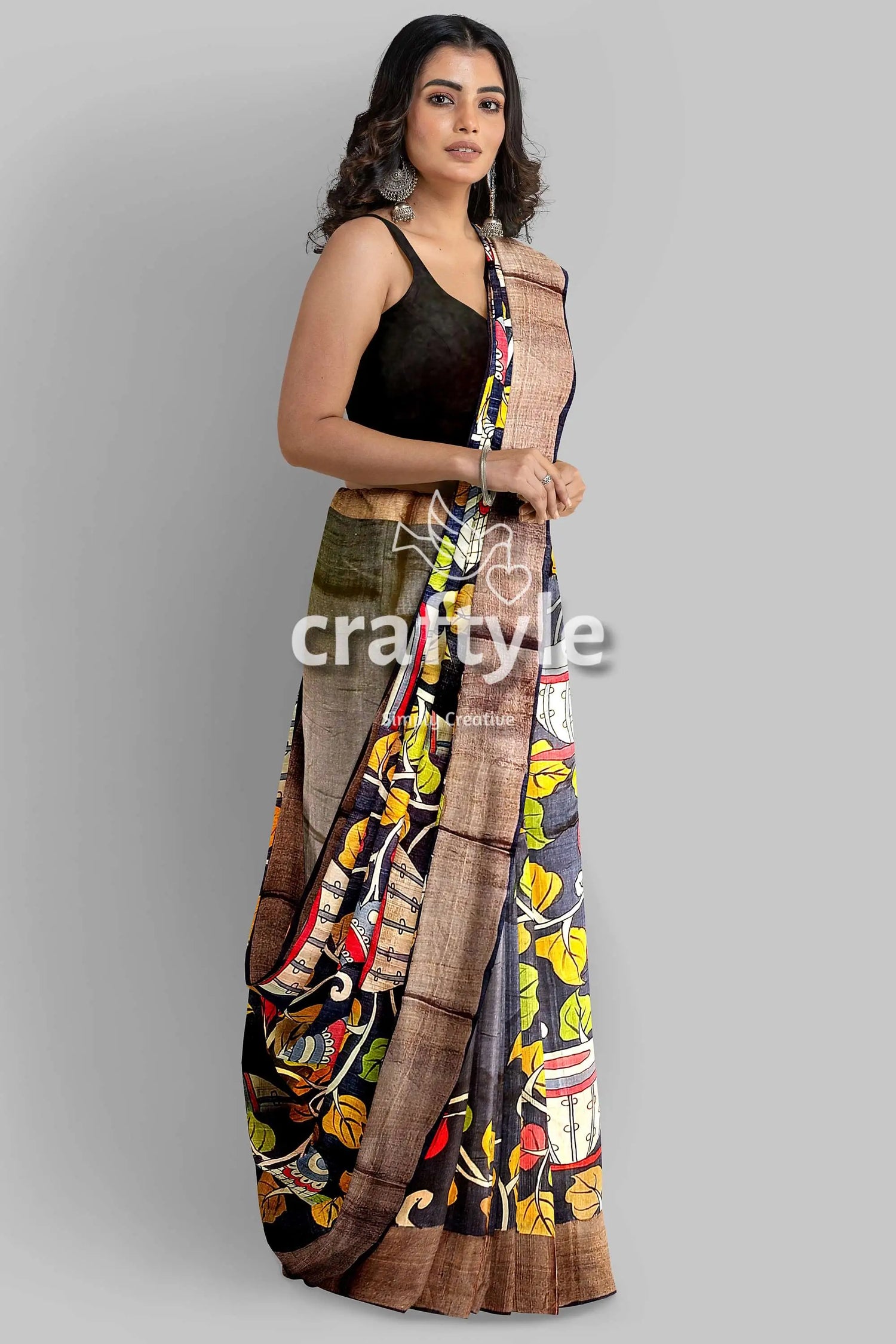 Ebony black hand-painted pure tussar kalamkari saree with zari border woman black colorful saree 3