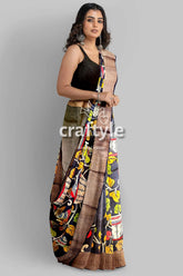 Ebony black hand-painted pure tussar kalamkari saree with zari border woman black colorful saree 3