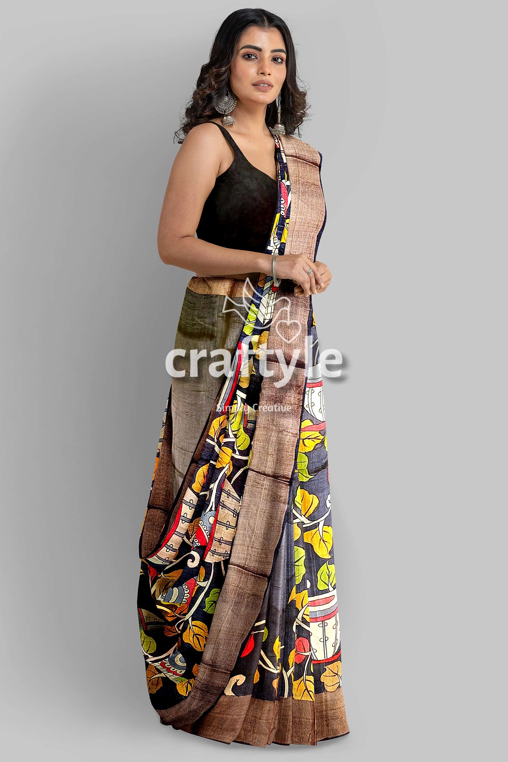 Ebony Black Hand-Painted Pure Tussar Kalamkari Saree with Zari Border - Craftyle