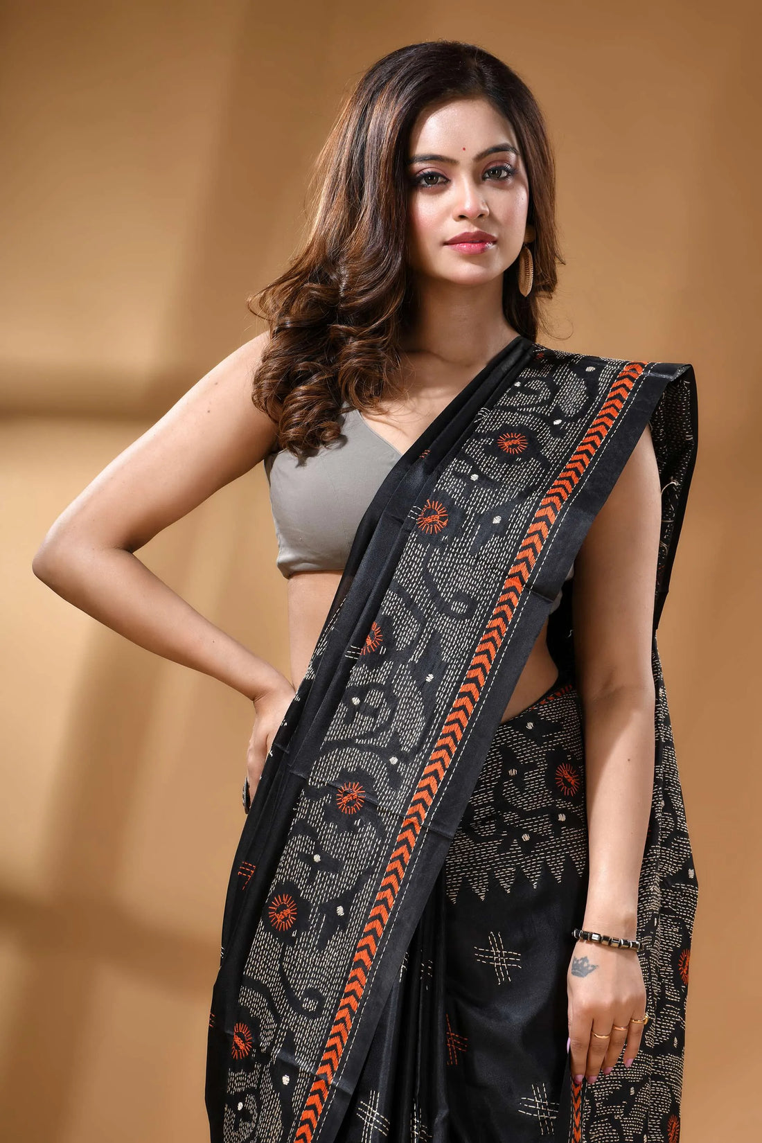 Ebony black jamdani pattern hand embroidery kantha silk saree black silk saree intricate orange 2