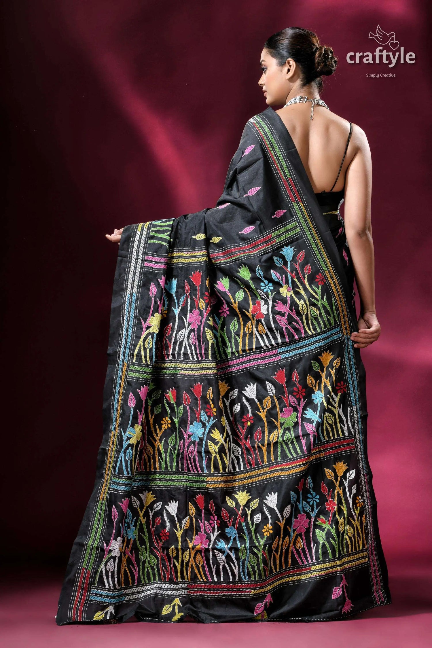 Ebony black kantha stitch blended bangalore silk saree with blouse piece black saree colorful floral embroidery 5