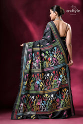 Ebony black kantha stitch blended bangalore silk saree with blouse piece black saree colorful floral embroidery 5