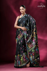 Ebony black kantha stitch blended bangalore silk saree with blouse piece black saree colorful floral embroidery 4