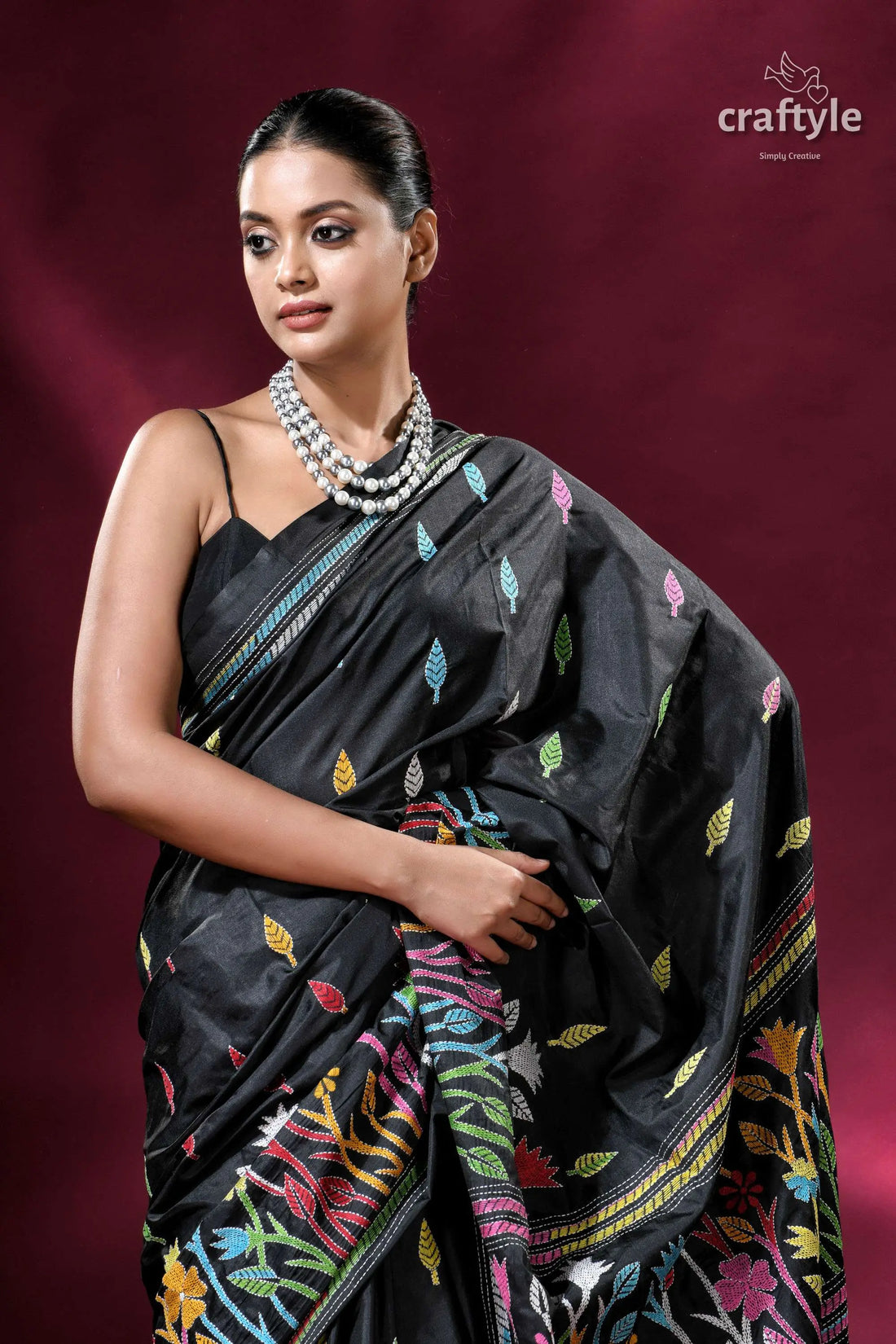 Ebony black kantha stitch blended bangalore silk saree with blouse piece black saree colorful floral embroidery 2