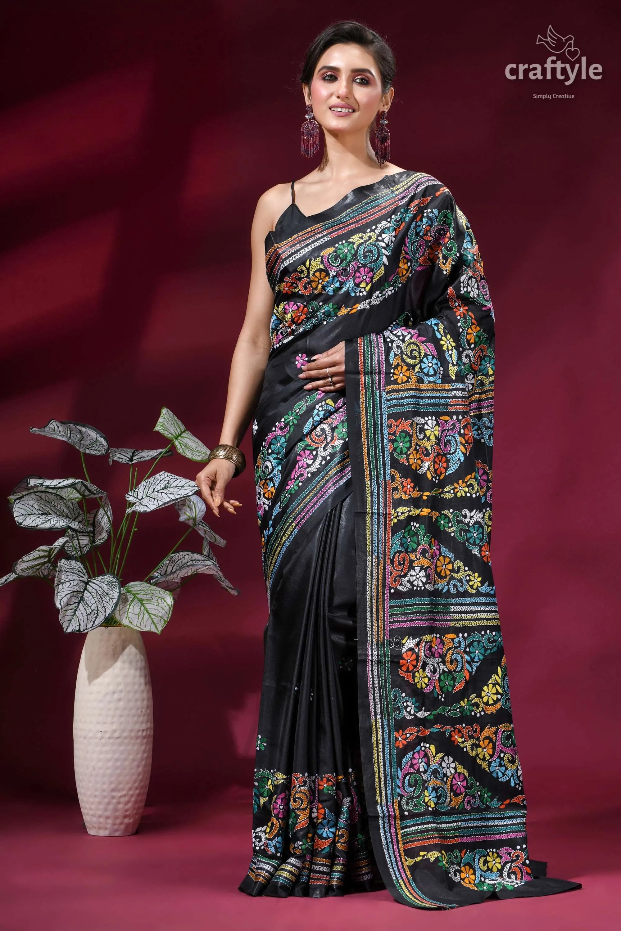 Ebony black multi-thread floral silk kantha work saree black silk saree vibrant multicolored 6