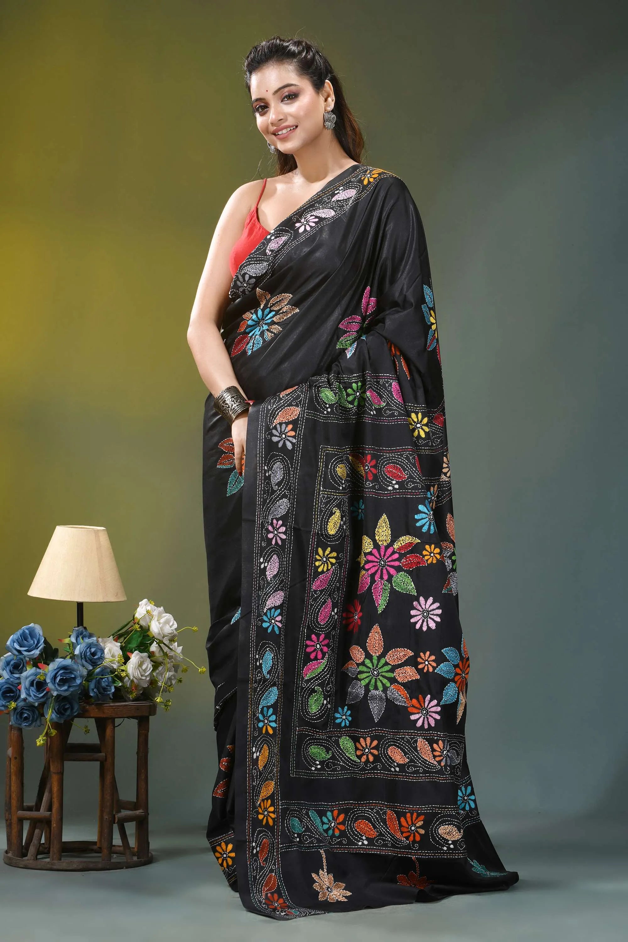 Ebony black multicolor flower design kantha stitch silk saree black silk saree adorned vibrant 5