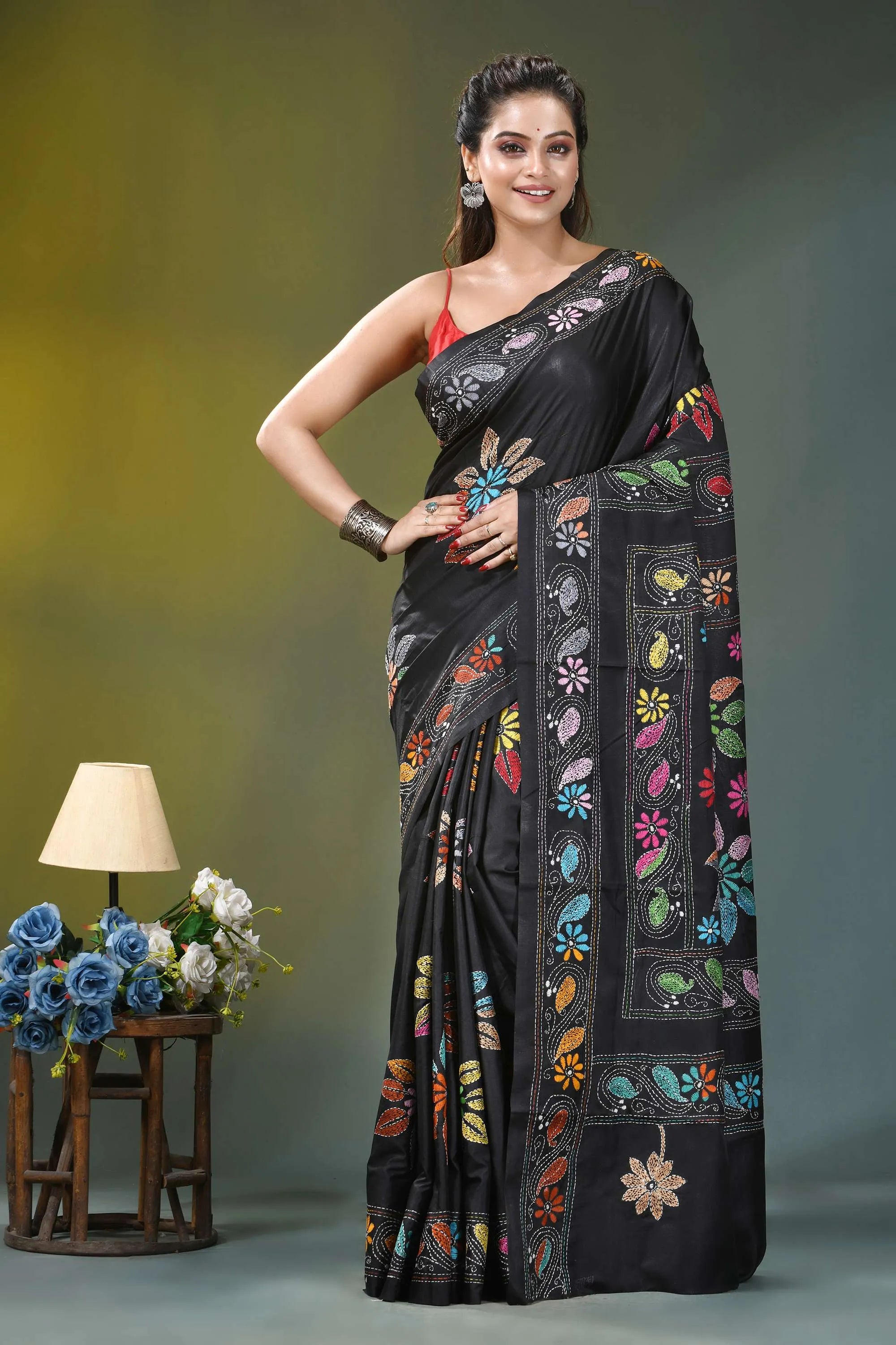 Ebony black multicolor flower design kantha stitch silk saree black silk saree adorned vibrant 6