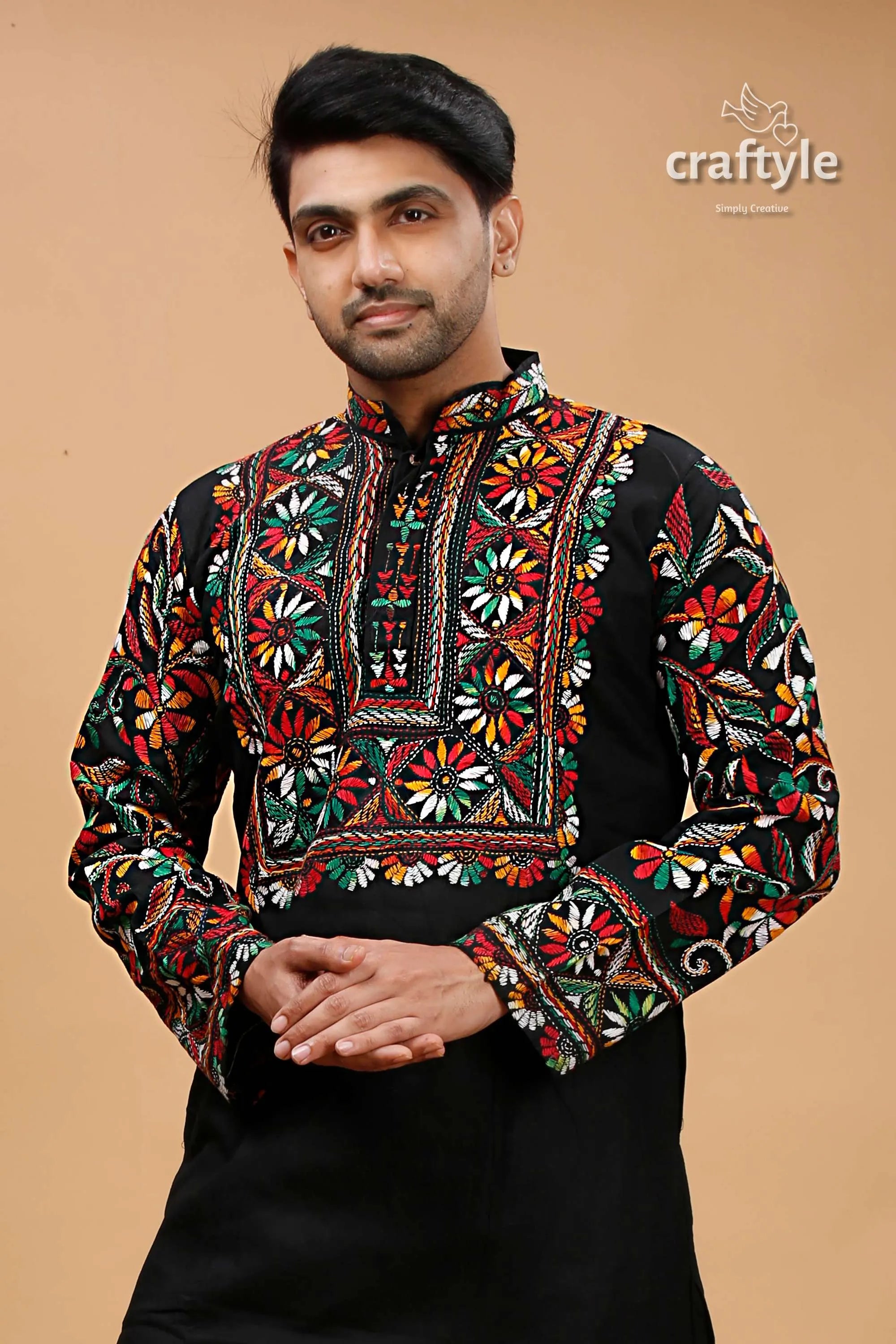 Ebony black multicolor thread kantha cotton punjabi for men embroidered kurta vibrant floral 2