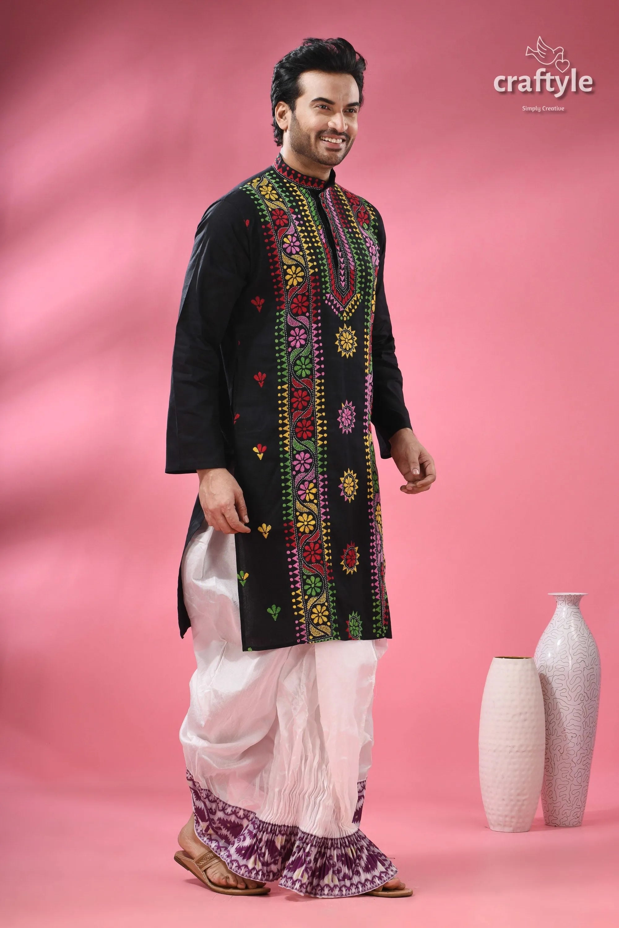 Ebony black multicolor thread kantha men’s cotton kurta embroidered white 3