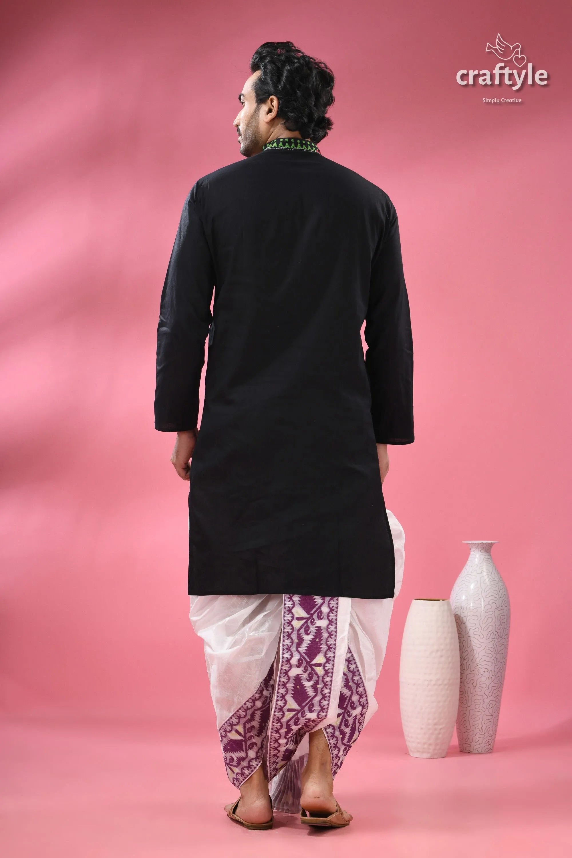 Ebony black multicolor thread kantha men’s cotton kurta white purple 7