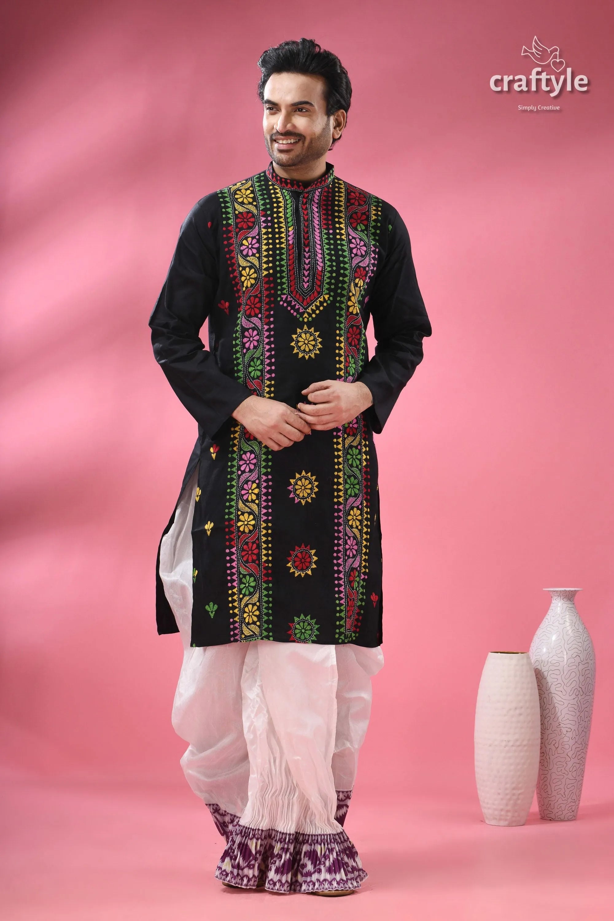 Ebony black multicolor thread kantha men’s cotton kurta embroidered white 5