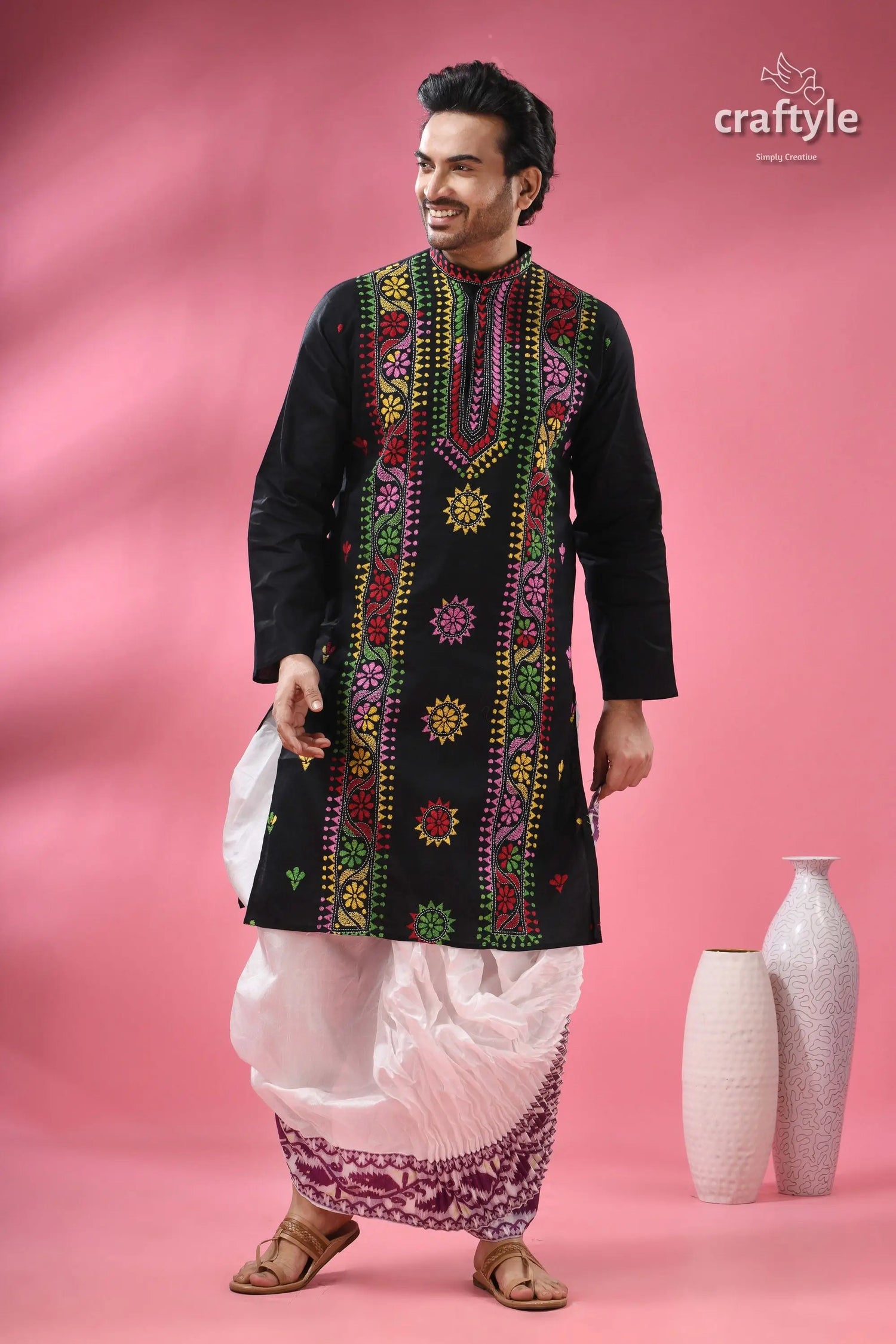 Ebony black multicolor thread kantha men’s cotton kurta men’s black embroidered kurta white 6