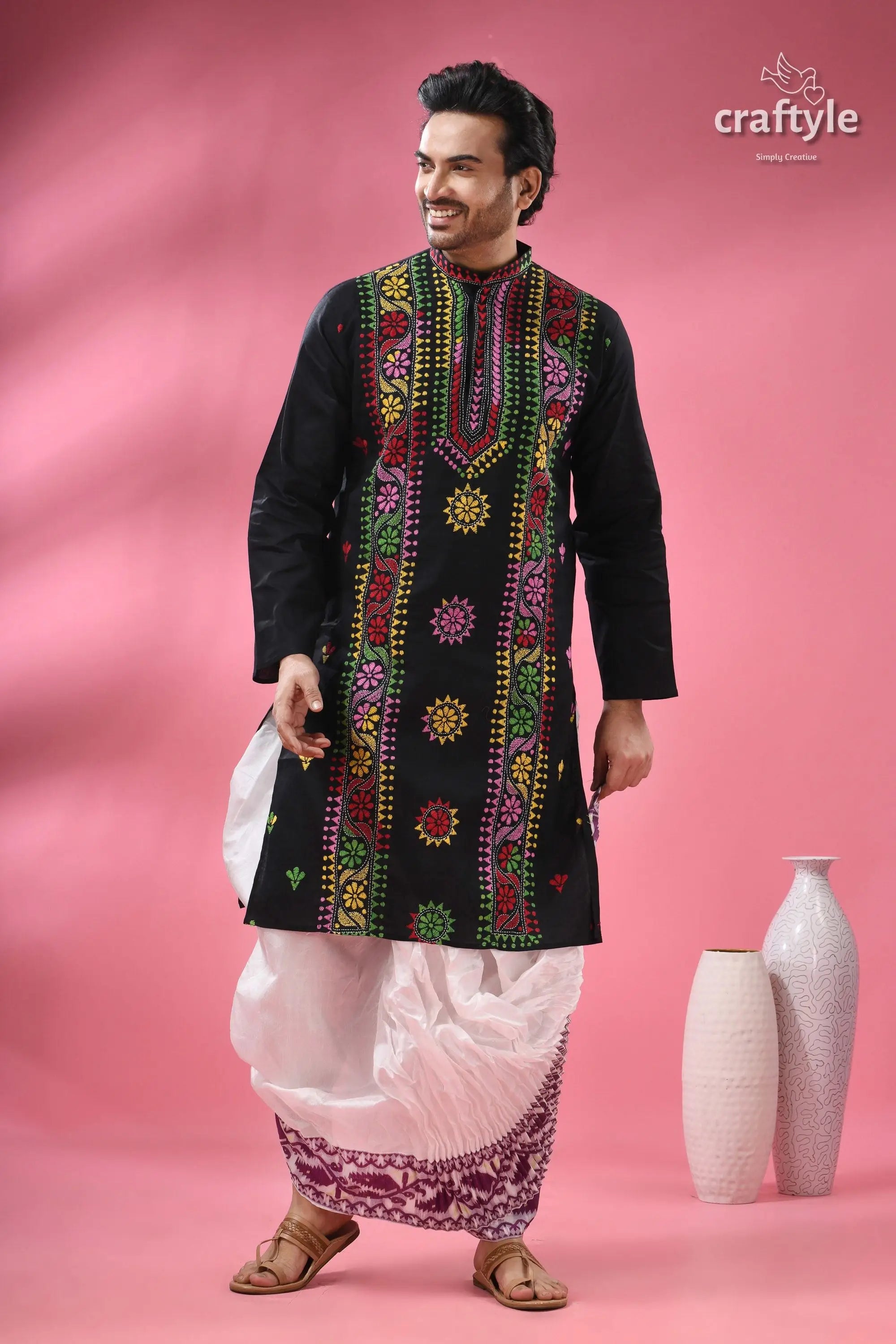 Ebony black multicolor thread kantha men’s cotton kurta men’s black embroidered kurta white 6