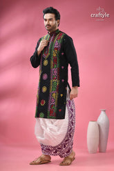 Ebony black multicolor thread kantha men’s cotton kurta black long sleeved kurta vibrant colorful 4