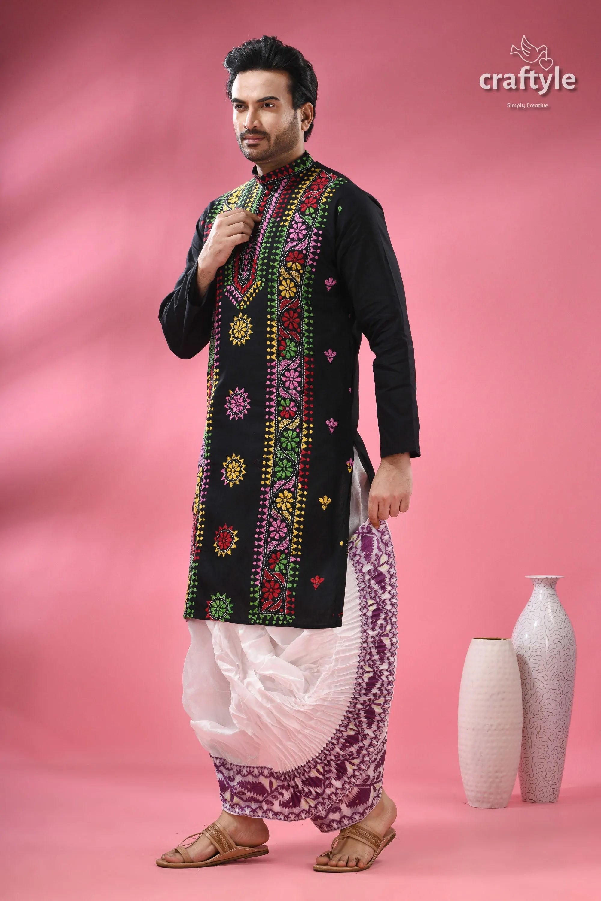 Ebony black multicolor thread kantha men’s cotton kurta long-sleeved vibrant colorful 4