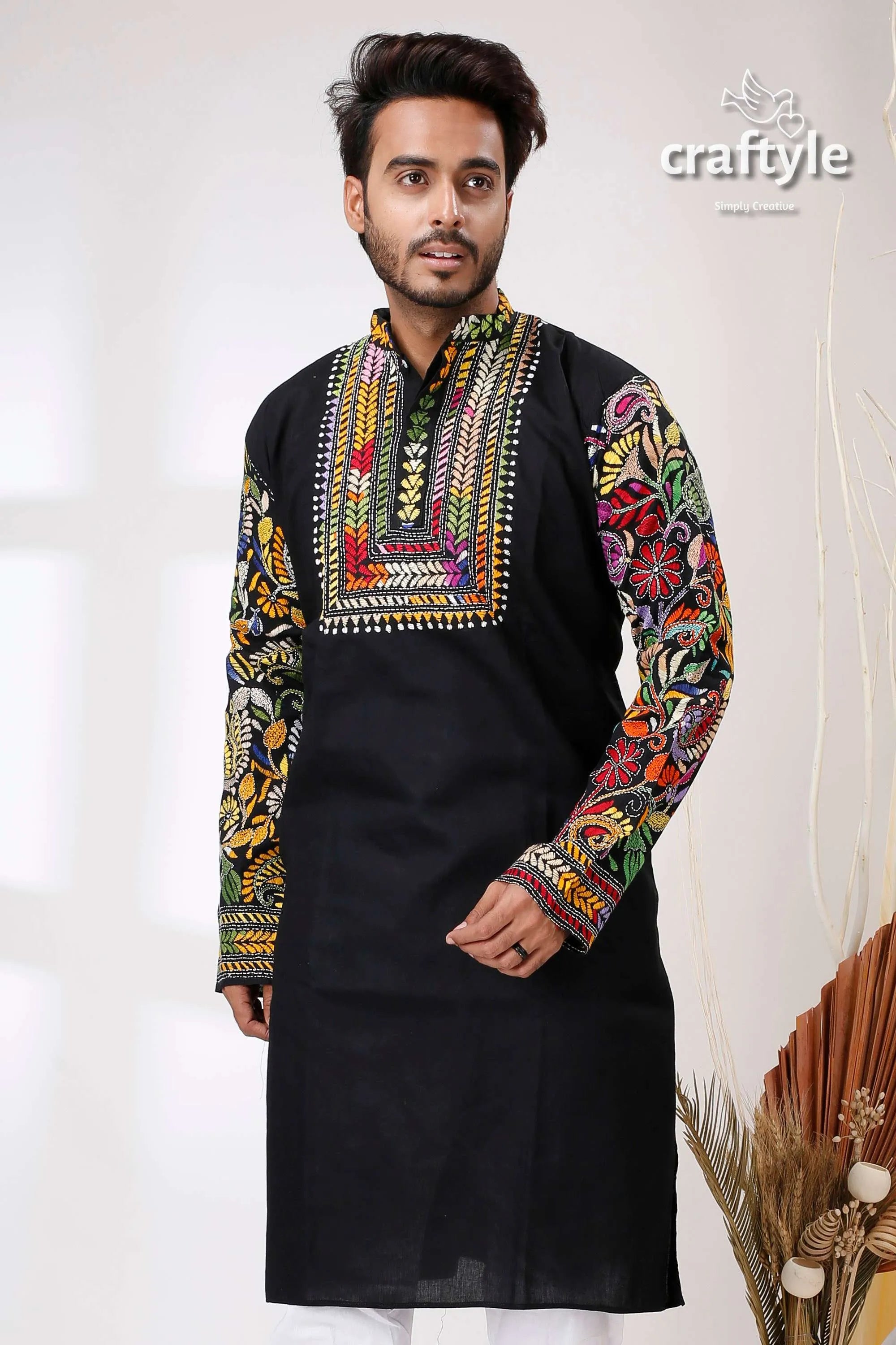 Ebony black multicolor thread kantha work cotton mens kurta embroidered vibrant colorful 2