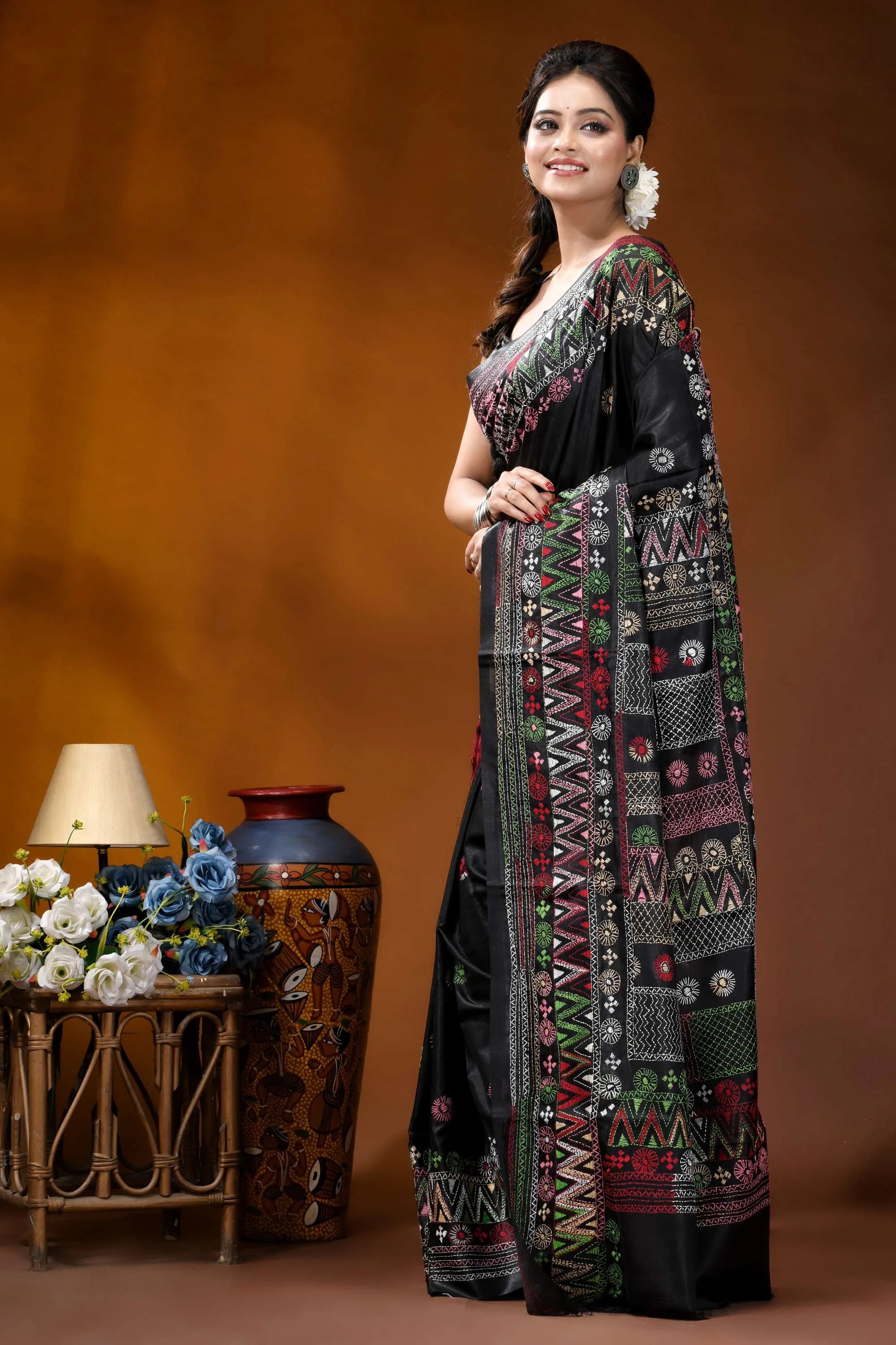 Ebony black multithread geometric design hand embroidery silk lambani saree black silk saree intricate multicolored 3