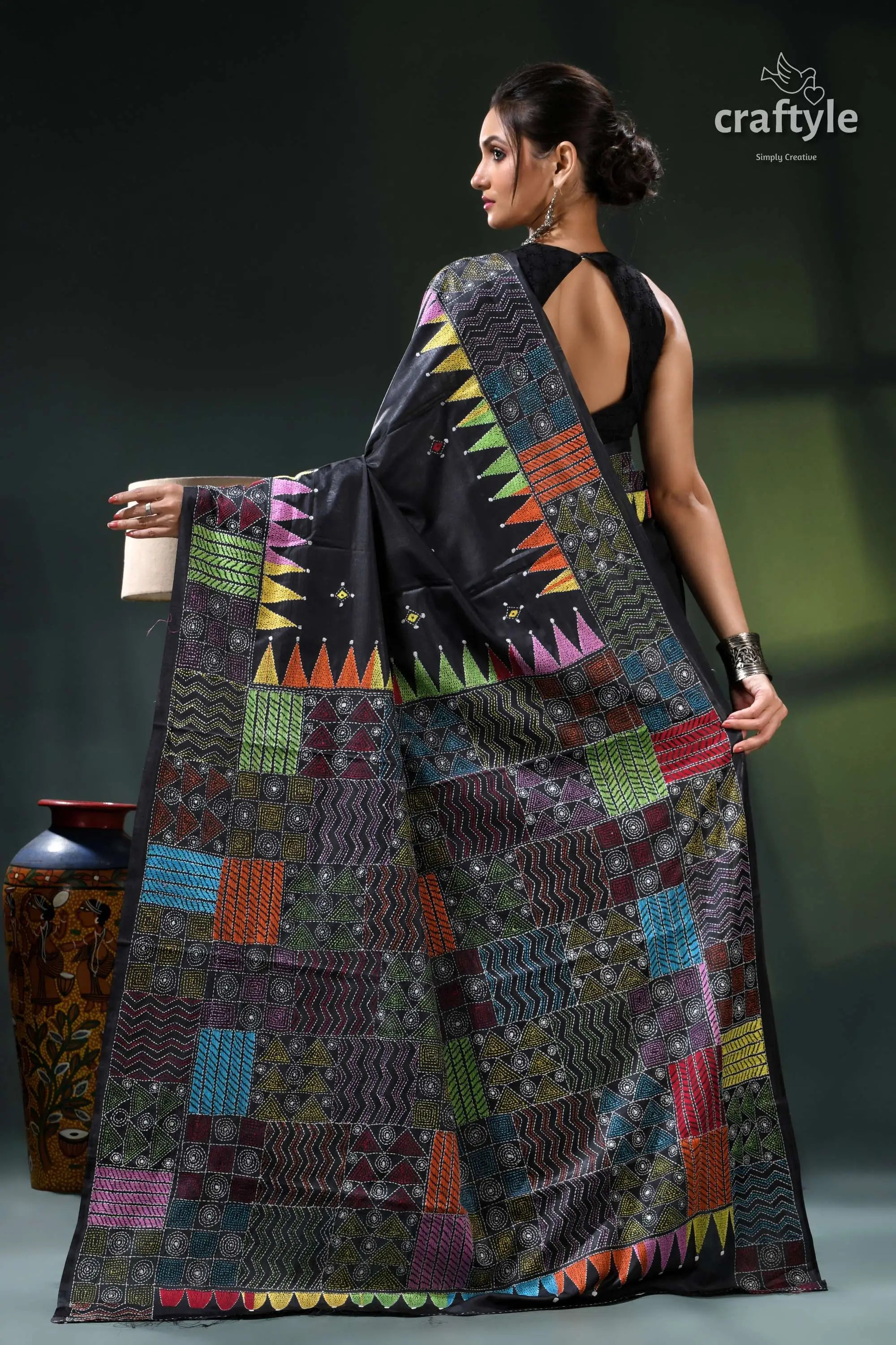 Ebony black multithread silk kantha stitch saree - geometric design black multicolored patchwork sari intricate 4