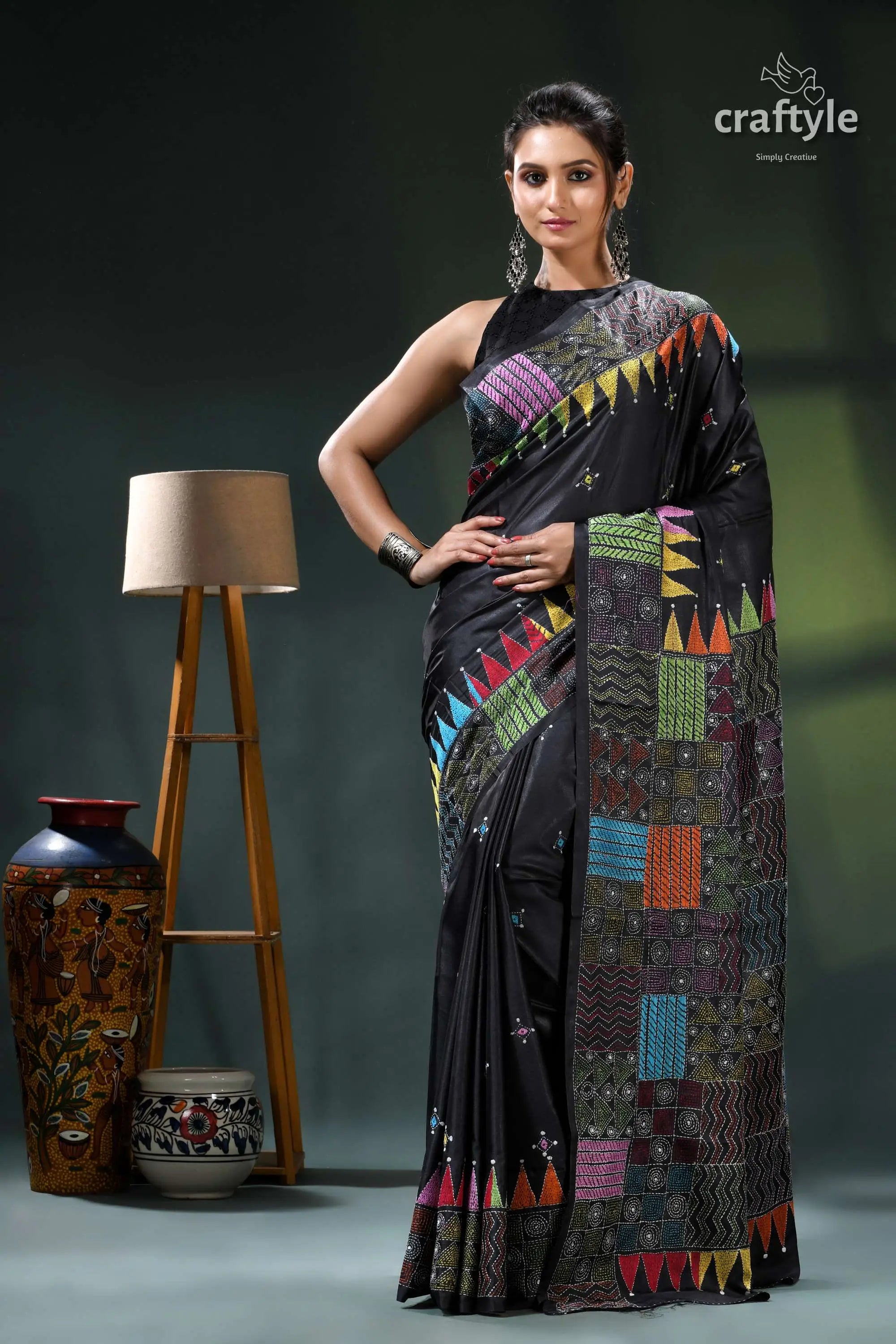 Ebony black multithread silk kantha stitch saree - geometric design black saree colorful patchwork design 1
