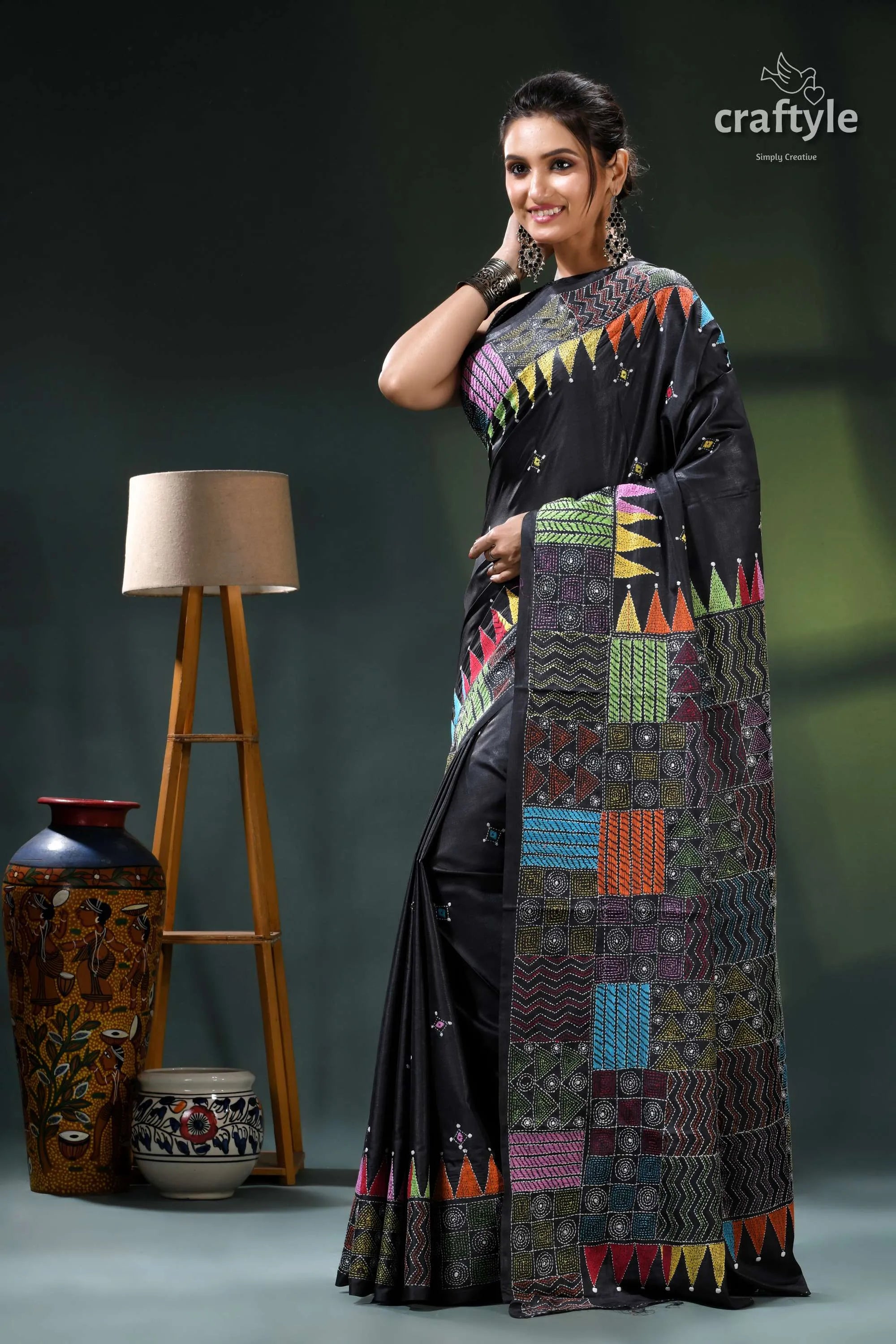 Ebony black multithread silk kantha stitch saree - geometric design black multicolored patchwork saree intricate 3