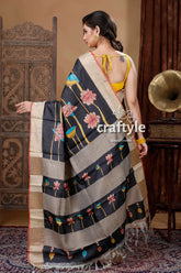 Ebony black painted zari pure tussar kalamkari design sari black beige lotus-patterned saree 5