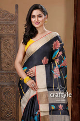 Ebony black painted zari pure tussar kalamkari design sari floral-patterned black beige saree 2