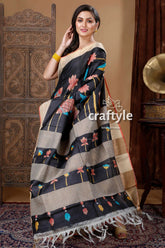 Ebony black painted zari pure tussar kalamkari design sari black beige floral saree 3