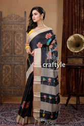 Ebony black painted zari pure tussar kalamkari design sari black floral saree 4