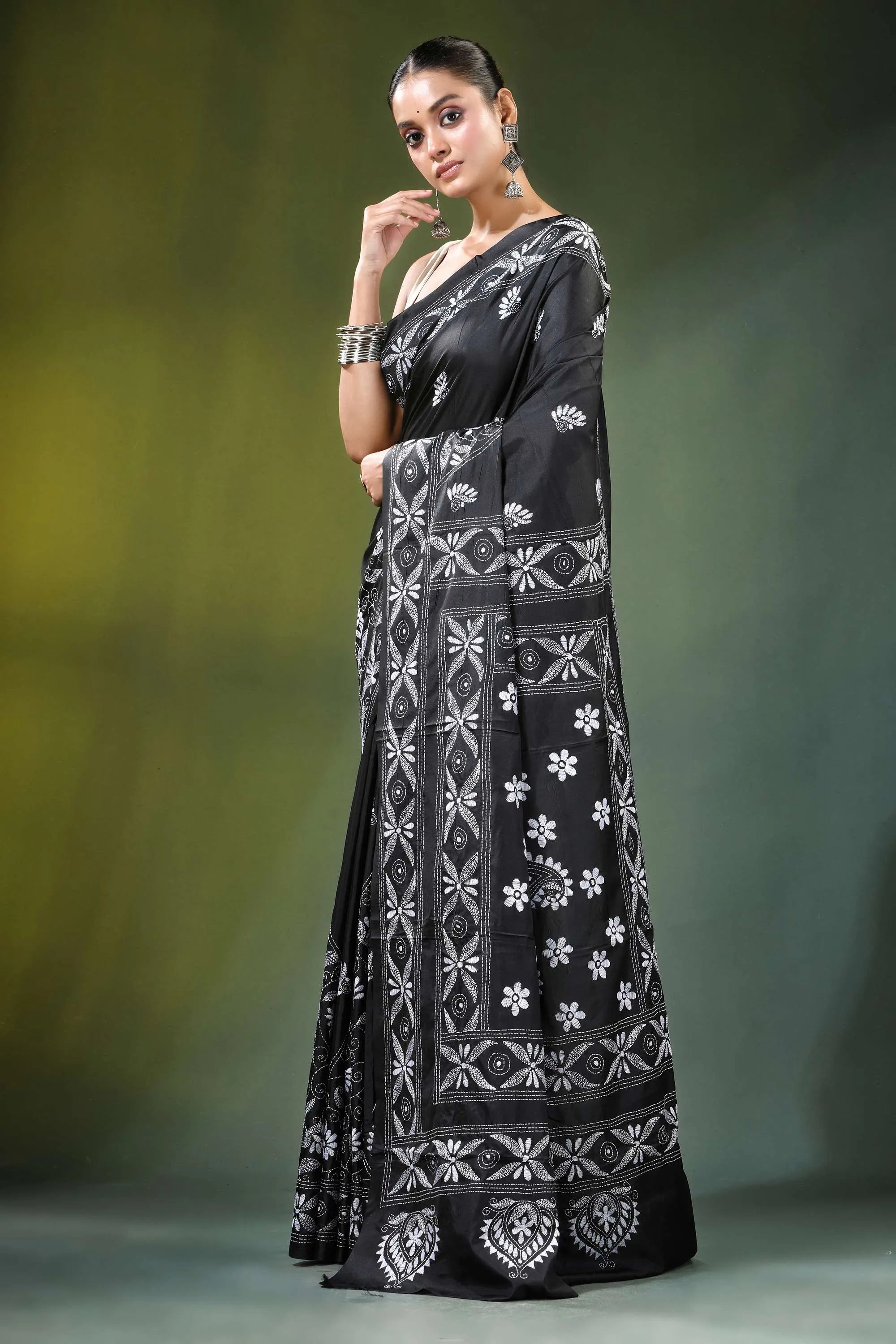 Ebony black paisley floral handcrafted silk kantha saree intricate white 3