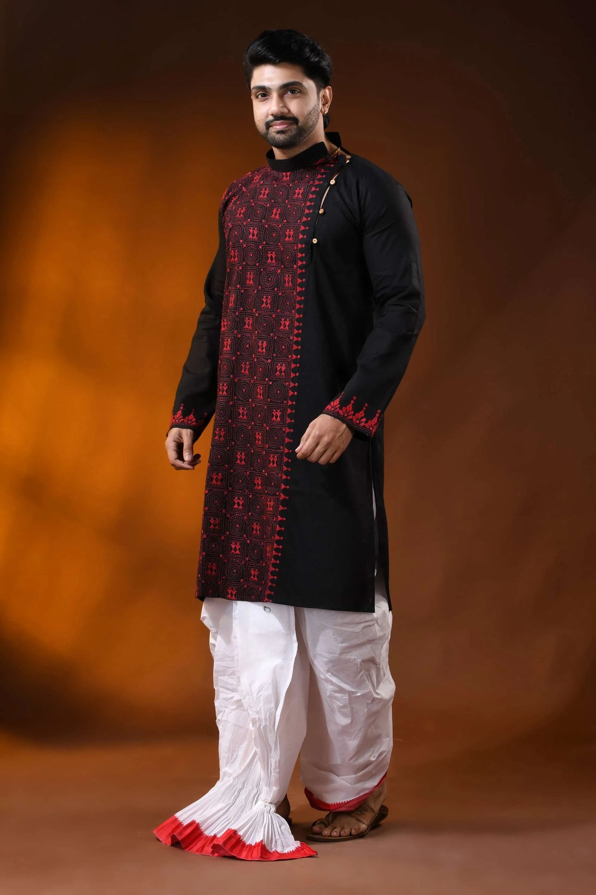 Ebony black red kantha stitch pure cotton kurta for men - hand embroidery 3
