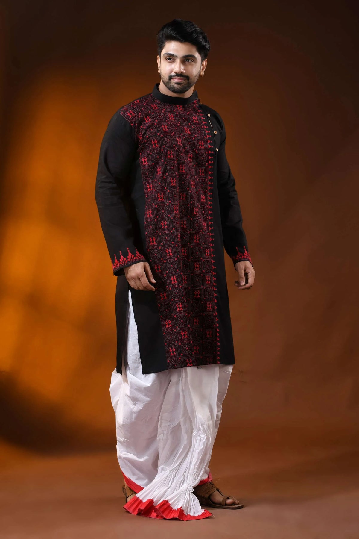 Ebony black red kantha stitch pure cotton kurta for men - hand embroidery 4