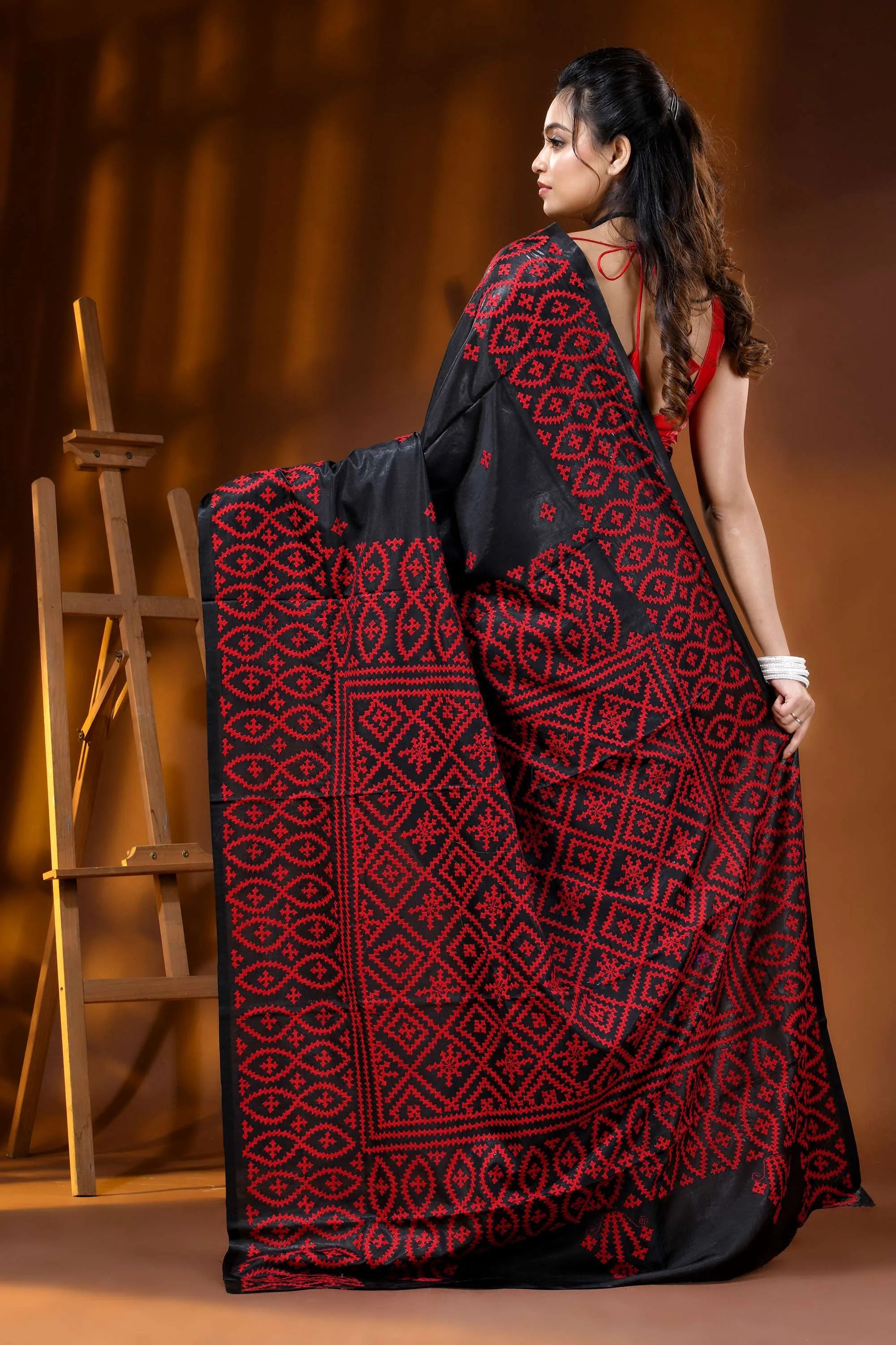 Ebony black red silk gujarati stitch saree - handmade geometric design 5