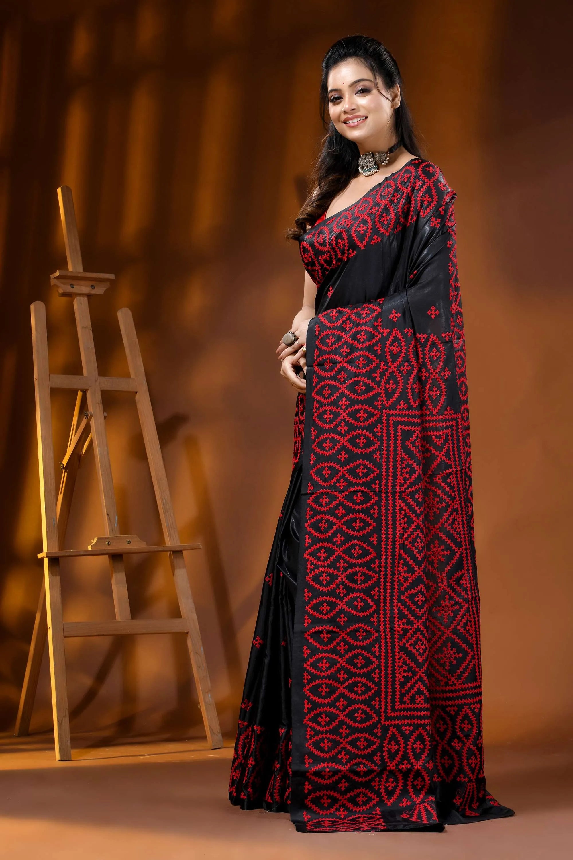 Ebony black red silk gujarati stitch saree - handmade geometric design 3