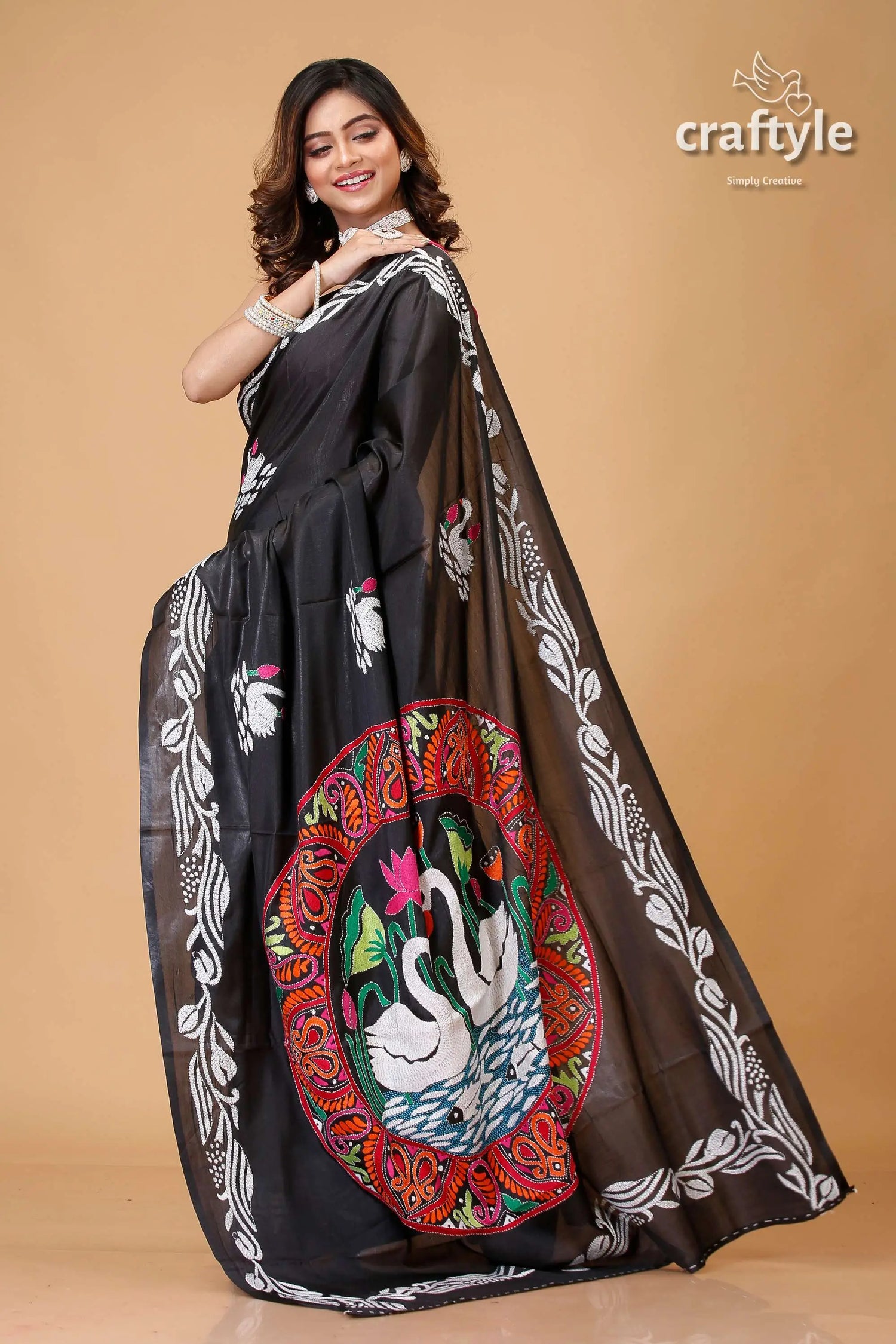 Ebony black swan motif artisanal kantha silk saree black saree swan motif 4