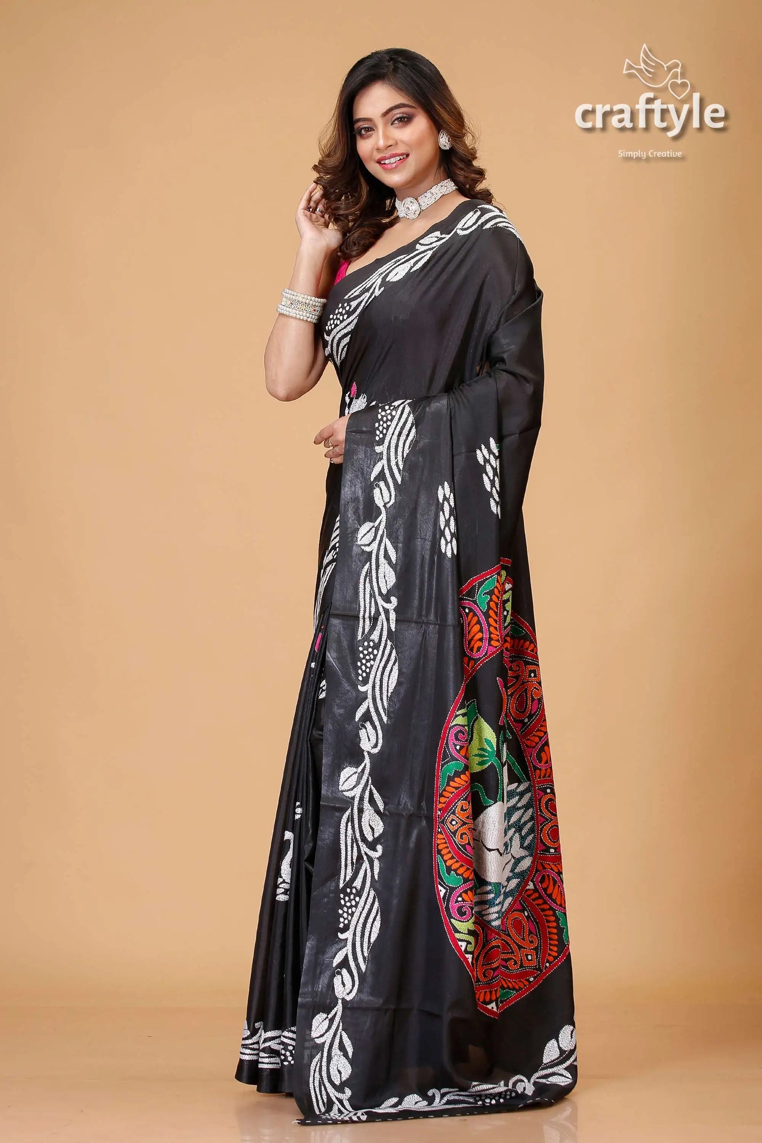Ebony black swan motif artisanal kantha silk saree black saree white colorful designs 3