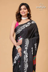 Ebony black swan motif artisanal kantha silk saree black saree white colorful patterns 2
