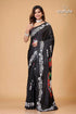 Ebony black swan motif artisanal kantha silk saree black saree white colorful accents 1
