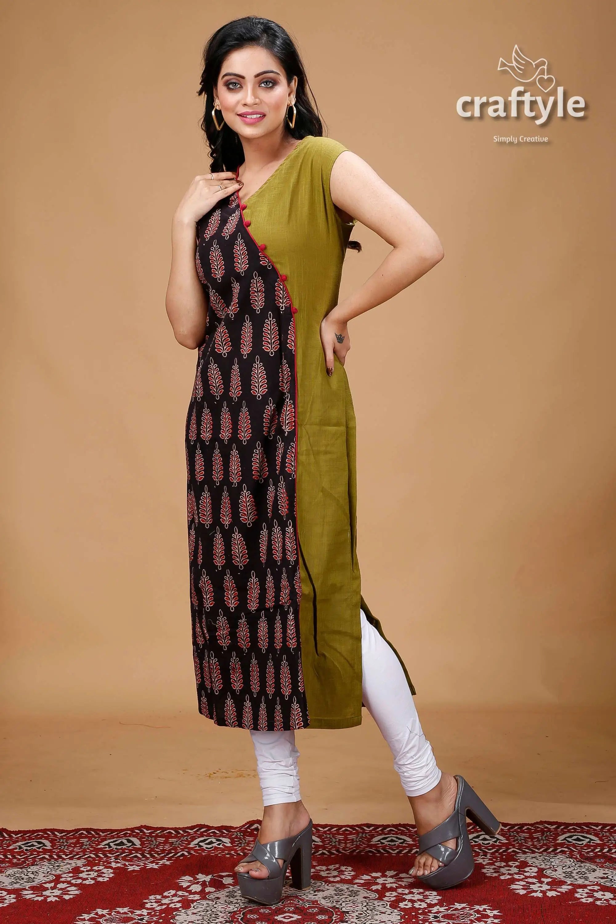 Ebony clay and olive green angaraksha pure ajrakh cotton kurti woman’s color-blocked kurta 4