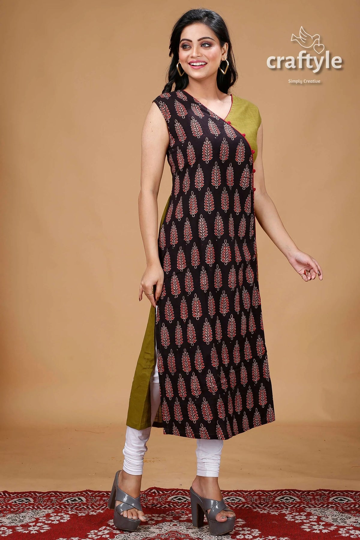 Ebony clay and olive green angaraksha pure ajrakh cotton kurti woman sleeveless patterned kurta white 3