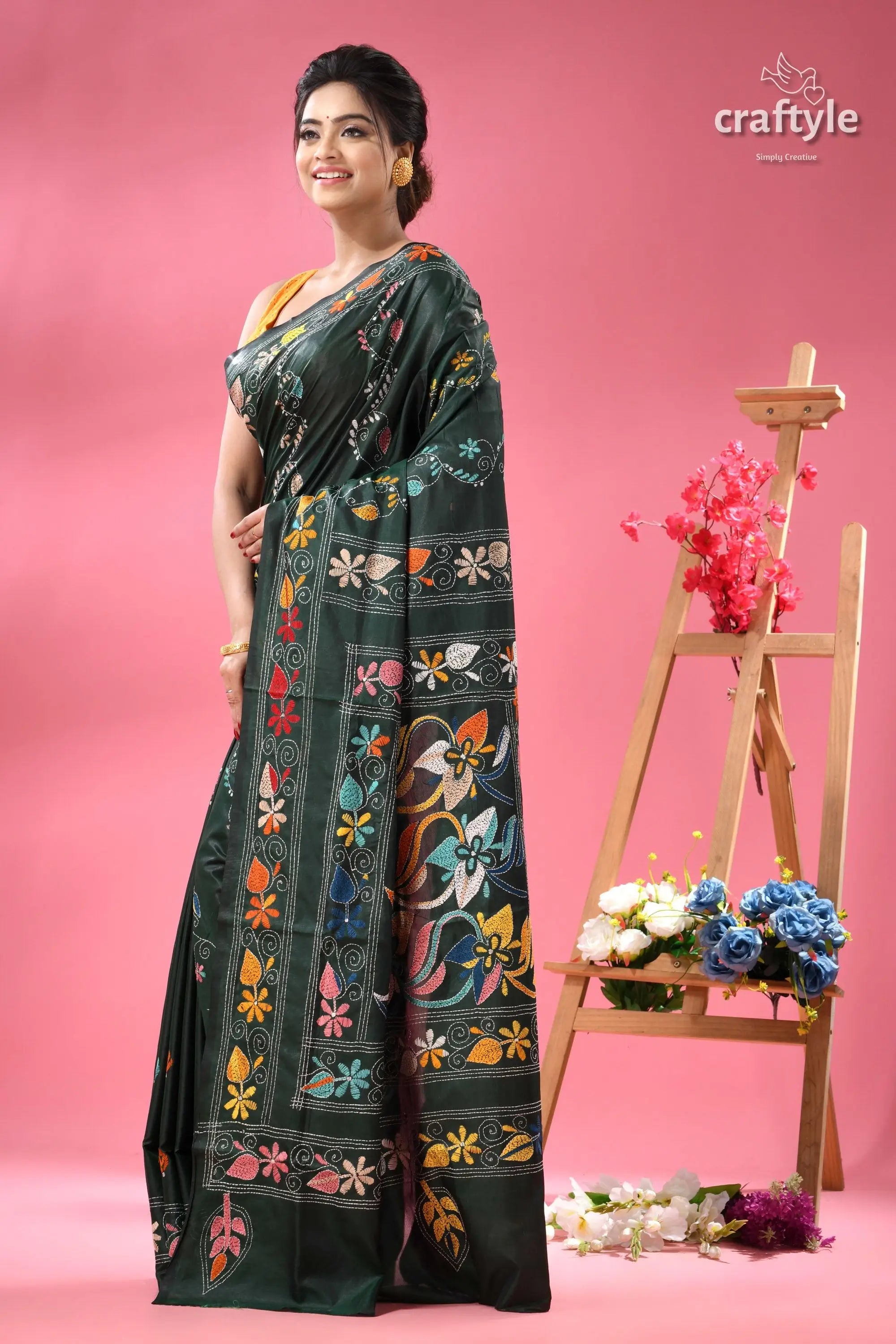 Eden green designer kantha stitch saree dark green saree vibrant floral 3