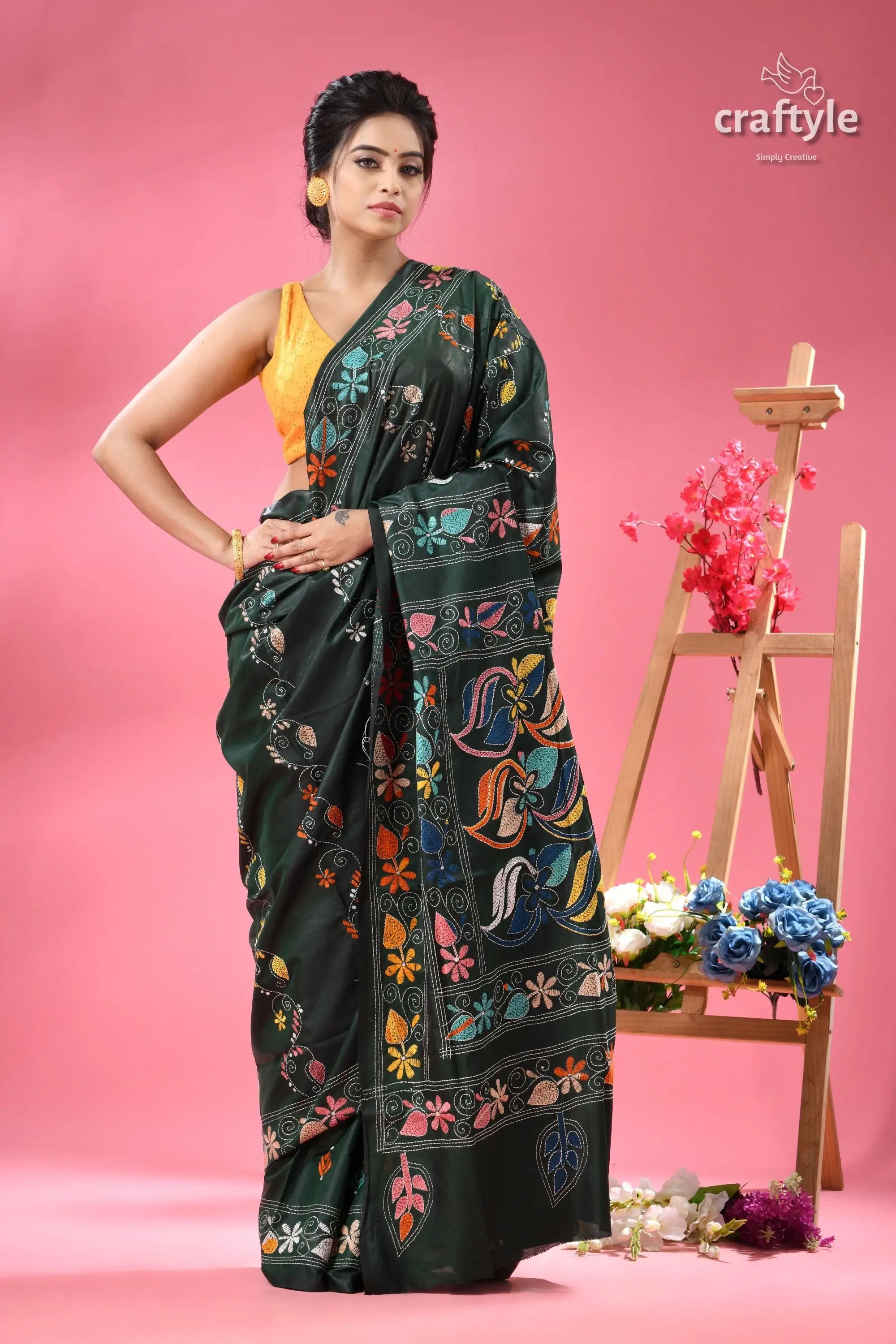 Eden green designer kantha stitch saree woman dark green saree colorful 4