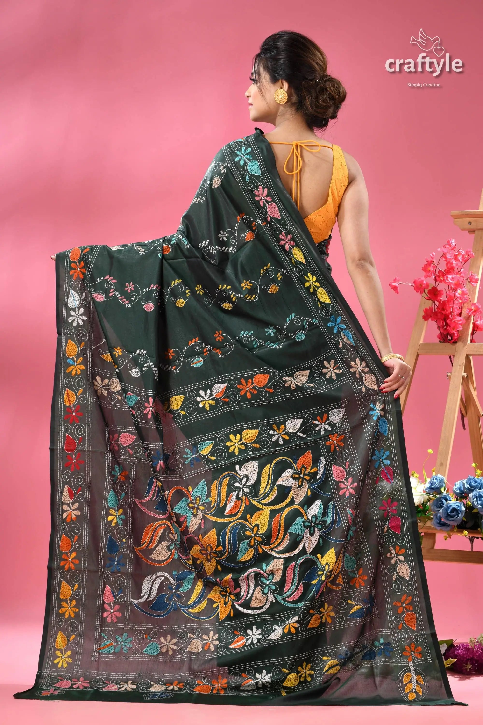 Eden green designer kantha stitch saree dark green saree colorful floral 5