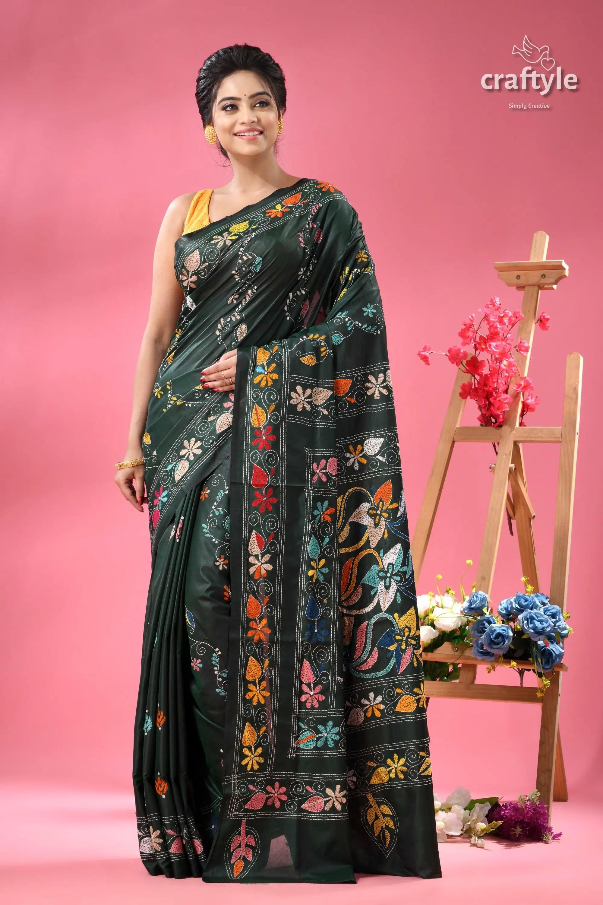 Eden green designer kantha stitch saree dark green saree vibrant floral 6