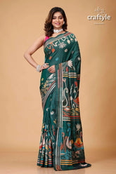 Eden green intricate swan motif bengali silk kantha saree green embroidered saree 1